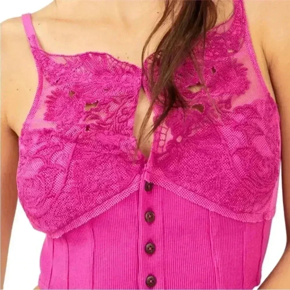 NWT Free People Have My Heart Cropped Tank Top Raspberry Sherbert Sz XS